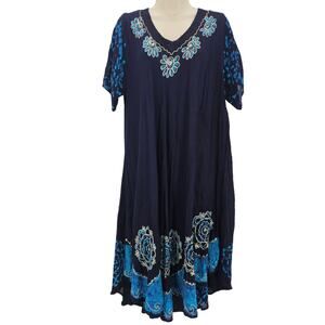 Asha Womans size L Short Sleeve Midi V-Neck Dress Blue Embroidered Floral